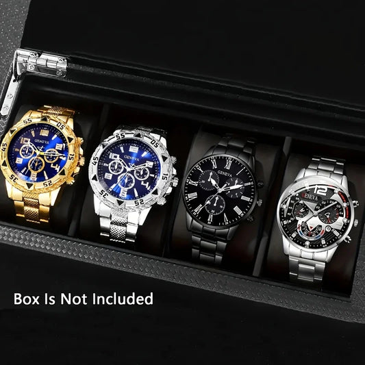 4pcs Luxury Men’s Quartz Watch – Stainless Steel Strap, Waterproof Sport Design